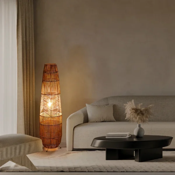 Vinatge-Lámpara de pie mimbre LED - Imagen 3